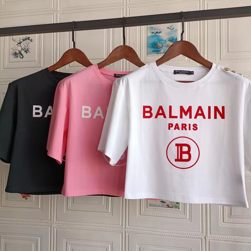 Balmain Thương Hiệu Thời Trang Mùa Hè Sản Phẩm Mới Balmain Đổ Xô Chữ Nút Vai Ngắn Top Rời Tay Ngắn Đ