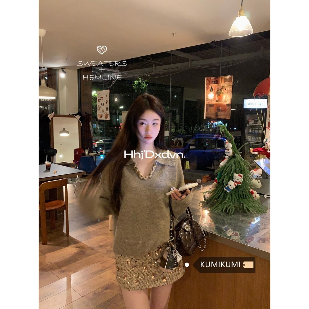 Phù Hợp Với Nữ Công Nghiệp Nặng Dệt Kim Ve Áo Len Mùa Đông Đính Kim Sa Lấp Lánh Hông Bộ Đồ Hai Mảnh