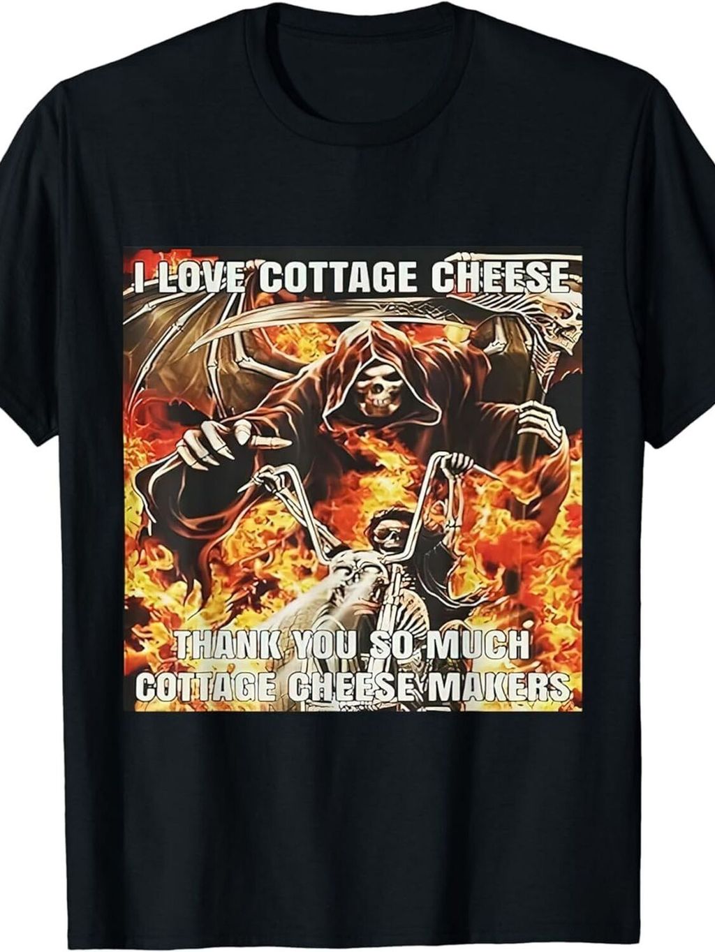 Áo thun nam họa tiết Cottage Cheese Meme - Skeleton Riding Motorcycle, Fiery Design, "I Love Cottage