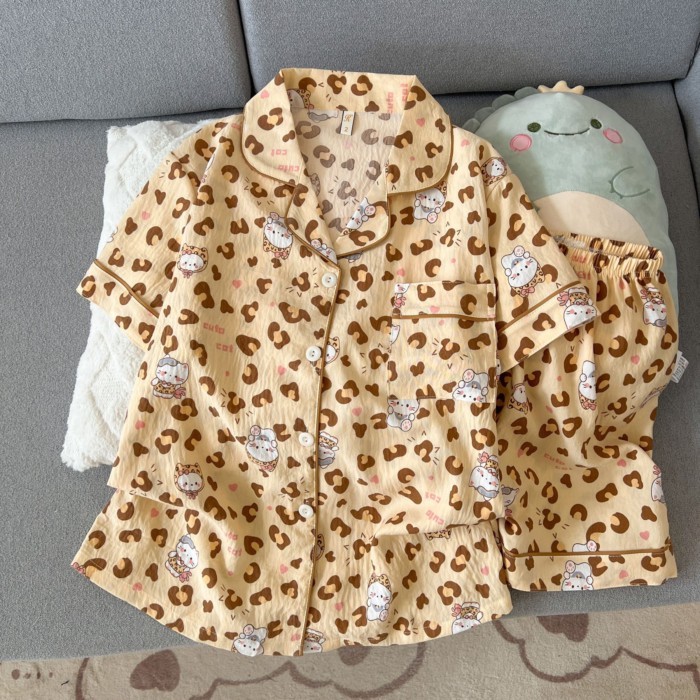 New Leopard Print KT Cat Pajamas Women's Summer Short Sleeve Shorts Cartoon Cute Sweet Girly