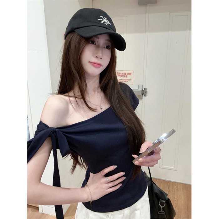 Summer Slanted Shoulder Hot Model Slim Temperament Short Niche Tops For Women Hot Girl Style S