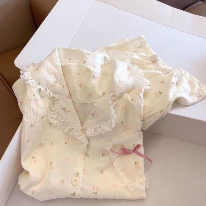 Cloud Pajamas Women's Floral Summer New Short-Sleeved Shorts Cute Sweet Lace Girls Outerwear