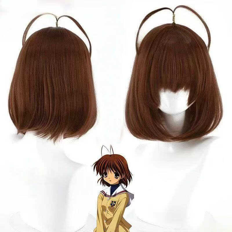 Tóc giả silky Furukawa Nagisa màu nâu đậm kiểu cosplay với hình đầu bobble
