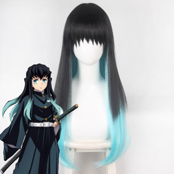 Demon Slayer Tokito Muichiro cosplay Tóc Giả Đen Chuyển Màu Phù Hợp Với Hỗn Hợp Xanh Tóc Giả Anime T