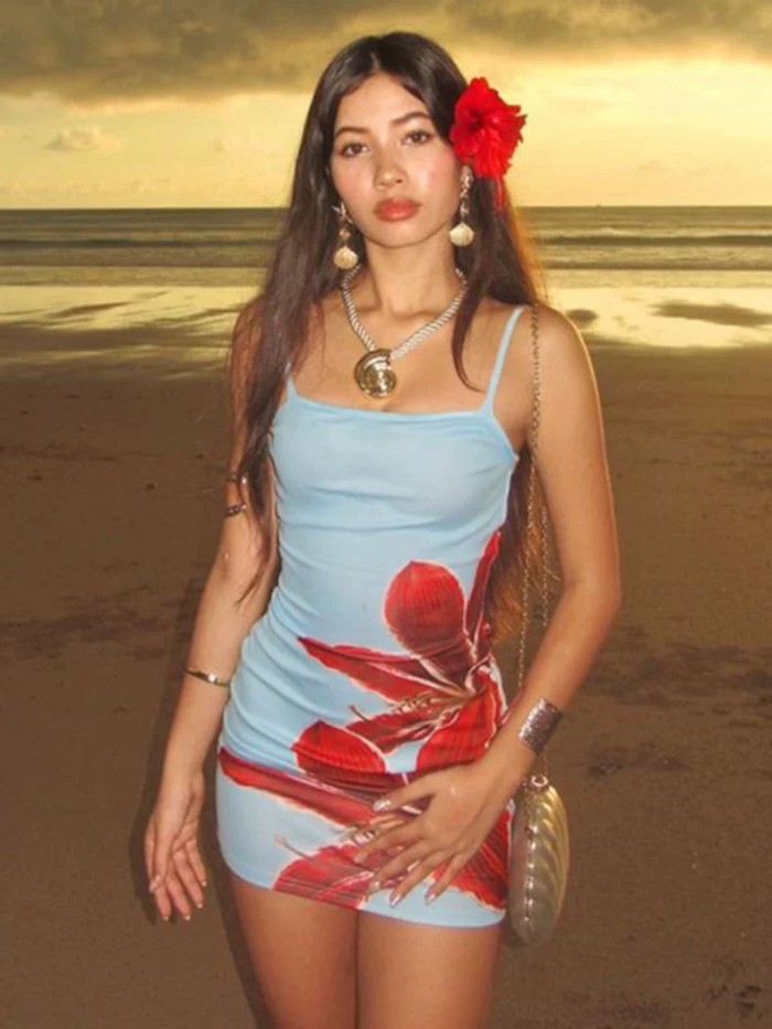 American Retro Pure Lust Hottie Floral Print Hip-hugging Dress Vacation Style Style Backless