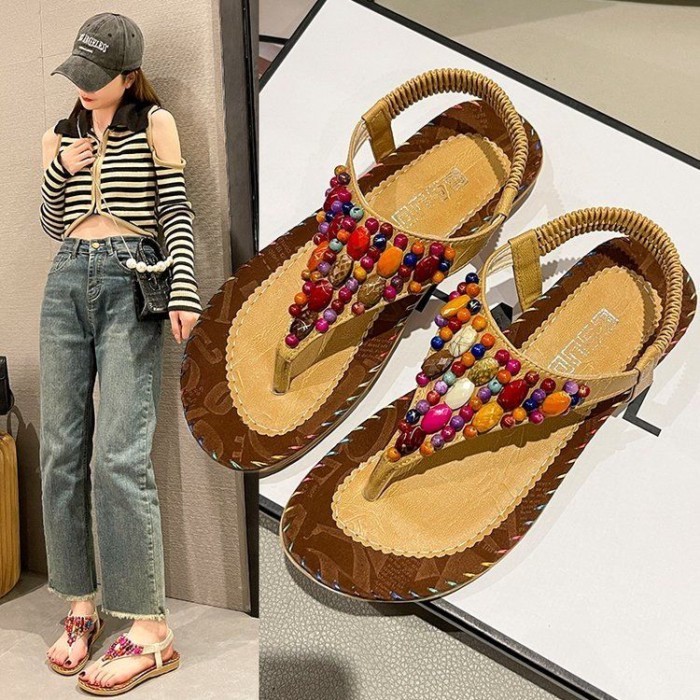 Giày Sandal Nữ Giày Sandal Nữ Mùa Hè Bohemian Đế Bằng Nữ Đính Hạt Giày Đi Biển Nữ