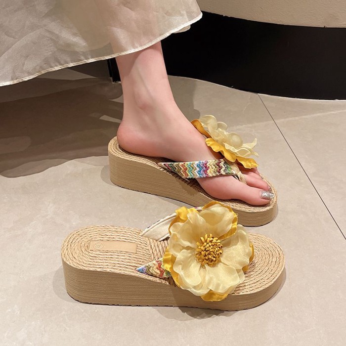 Flower Summer Slippers Fashion Xishuangbanna Thick-Soled Dai Flip-flops Beach Shoes Wedge Vac