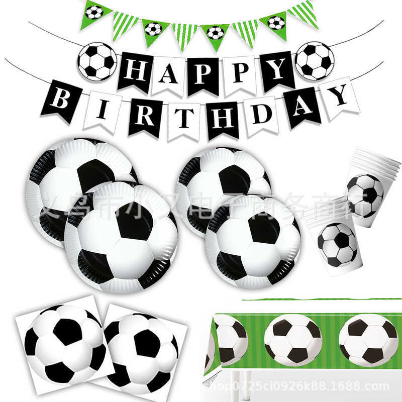 Trắng Bóng Đá Chủ Đề Thể Thao Tiệc Sinh Nhật Đĩa Giấy Bộ Đồ Ăn Giấy Cốc Giấy Khăn Trải Bàn Pennant P