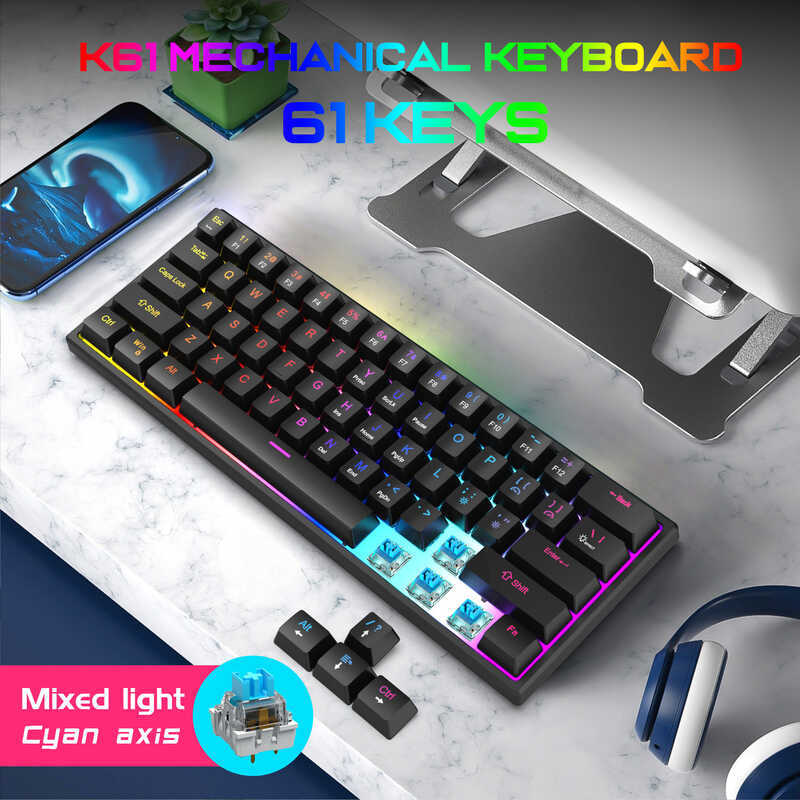 Bàn phím cơ thật trục xanh K61 Type-C Bàn phím cắm vào ánh sáng hỗn hợp Hai màu ép phun Keycap Bàn p