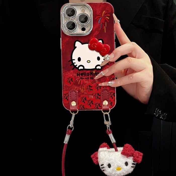 Dây buộc mèo may mắn Thích hợp cho Apple 17 Vỏ điện thoại năm mới 15promax Nơ Doll 16