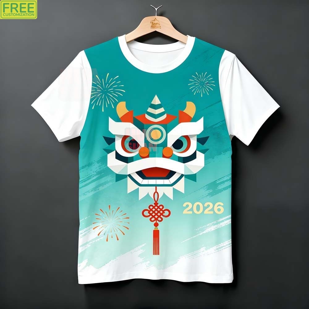 Áo thun nam màu ngọc lam gradient in hình lion dance origami thời trang