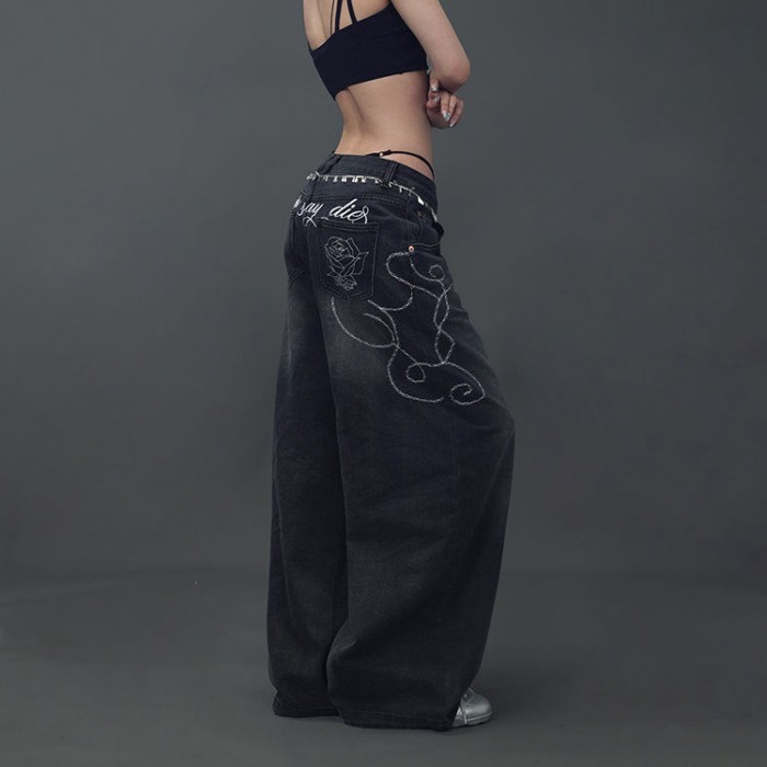 Đồ đôi hip-hop phong cách Mỹ "Millennium Rose", quần denim thêu, phù hợp cho các hot girl nhảy jazz