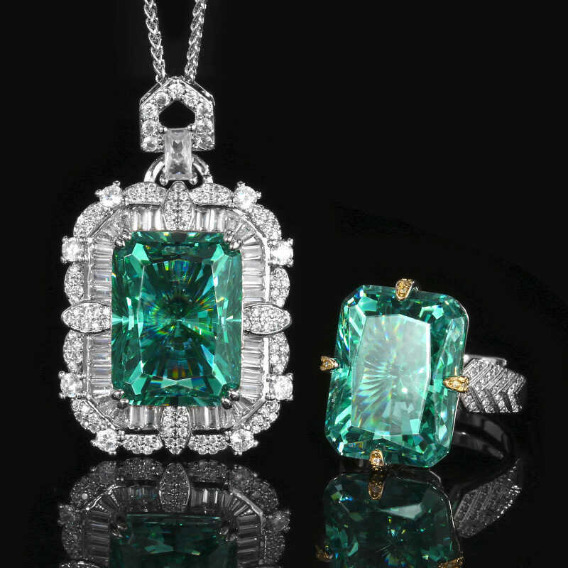 Bộ trang sức Huabi Radien Chepala Bộ mặt dây chuyền kim cương vuông màu xanh lá cây Đá chính 15 * 20