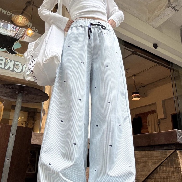 Blue Straight Striped Casual Pants Women's New Sports Pants Lazy Style Relaxed Wide Leg Pants