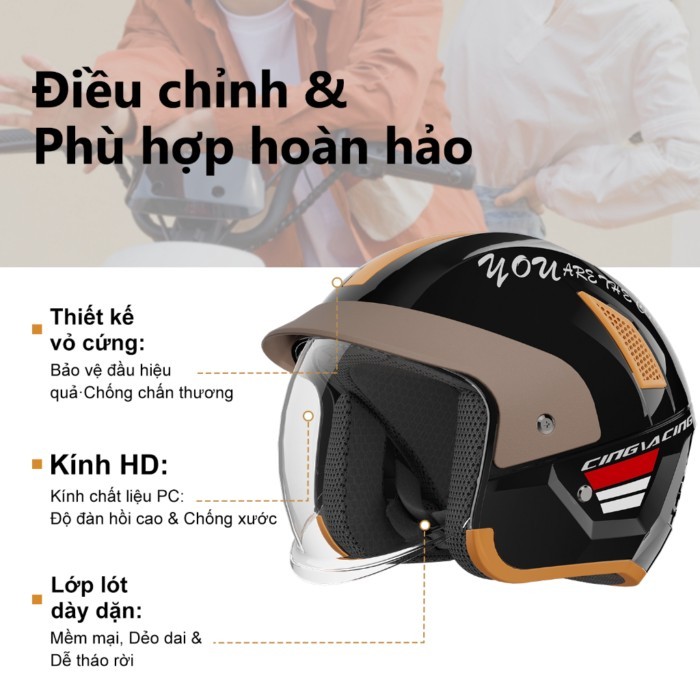 Masontex 706 Mũ 3/4 Xe Máy, Lót Tháo Rời, Phong Cách Cổ Điển, Đội Thoáng