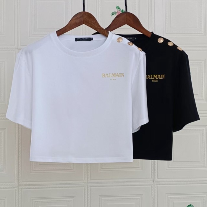 Balmain Áo Thun Nữ Cổ Tròn Chữ Nhỏ, Dáng Rộng Thời Trang Mùa Hè