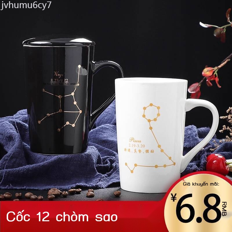 [Siêu Hot]  Ly gốm sứ Nhật Bản 12 chòm sao không nắp, có thìa, dung tích lớn, ly nước cho gia đình,