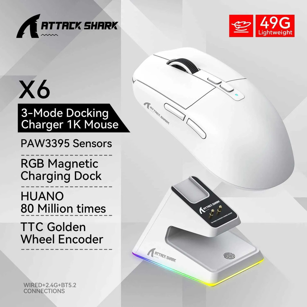 ATTACK SHARK X6 MousePAW3395 Kết nối ba chế độ BluetoothRGB Cảm ứng từ tính Đế sạc Chuột chơi gameMa