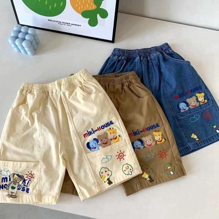 Quần cotton dệt 5/4 quần quần short trẻ em Quần short denim cotton Tencel dễ thương