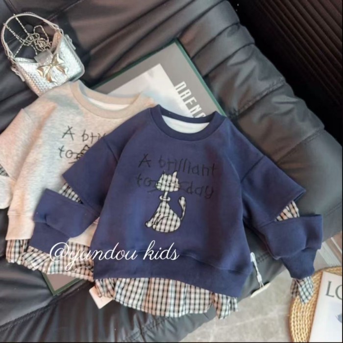 Áo thêu mèo Áo thêu mèo dài tay cho bé gái Áo dài tay rộng cho bé gái