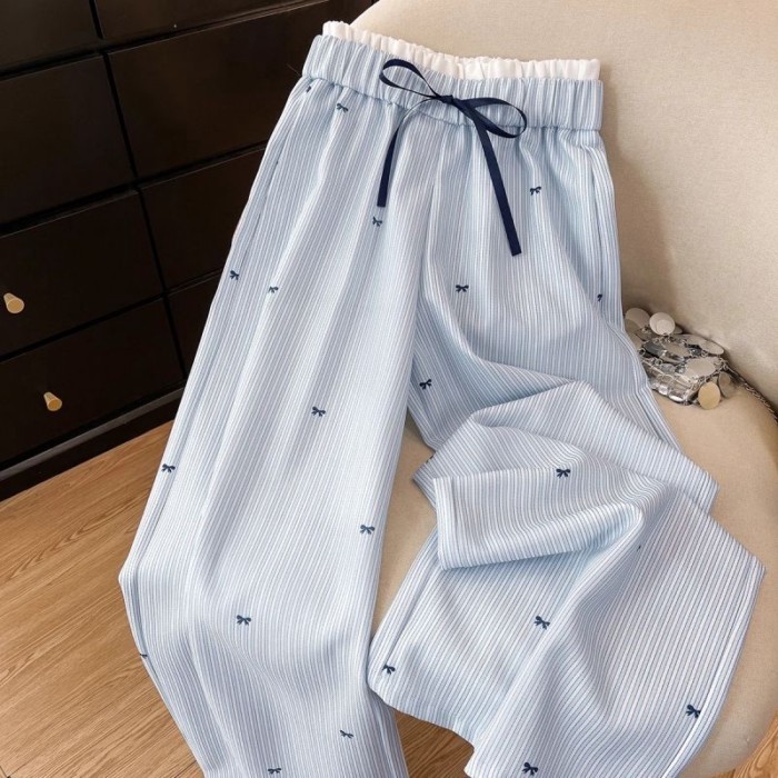 Korean New Style Light Blue Bow Striped Pants For Women, Korean Style Lazy Casual High-waiste