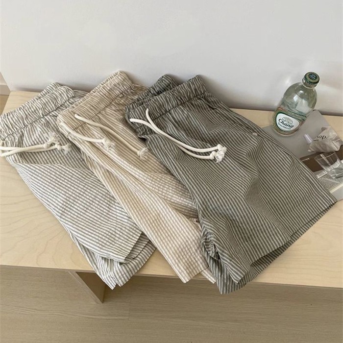 Vertical Striped Pajama Pants, Summer Thin Loose Straight Casual Shorts For Female Students,