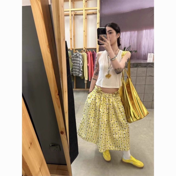 Korean Style Simple Summer Retro Style Lazy Style Pattern Printed Floral Skirt Women's Elasti