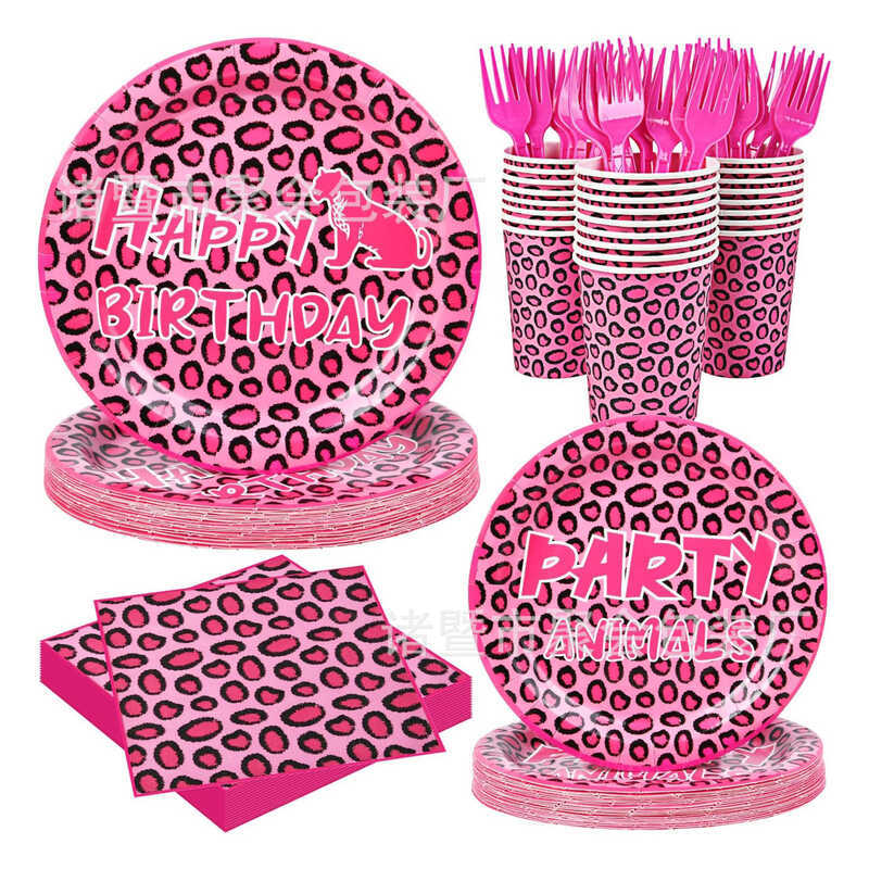 Đồ dùng dự tiệc in họa tiết da báo màu hồng Đồ trang trí sinh nhật Barbie Động vật rừng Bộ đồ ăn dùn
