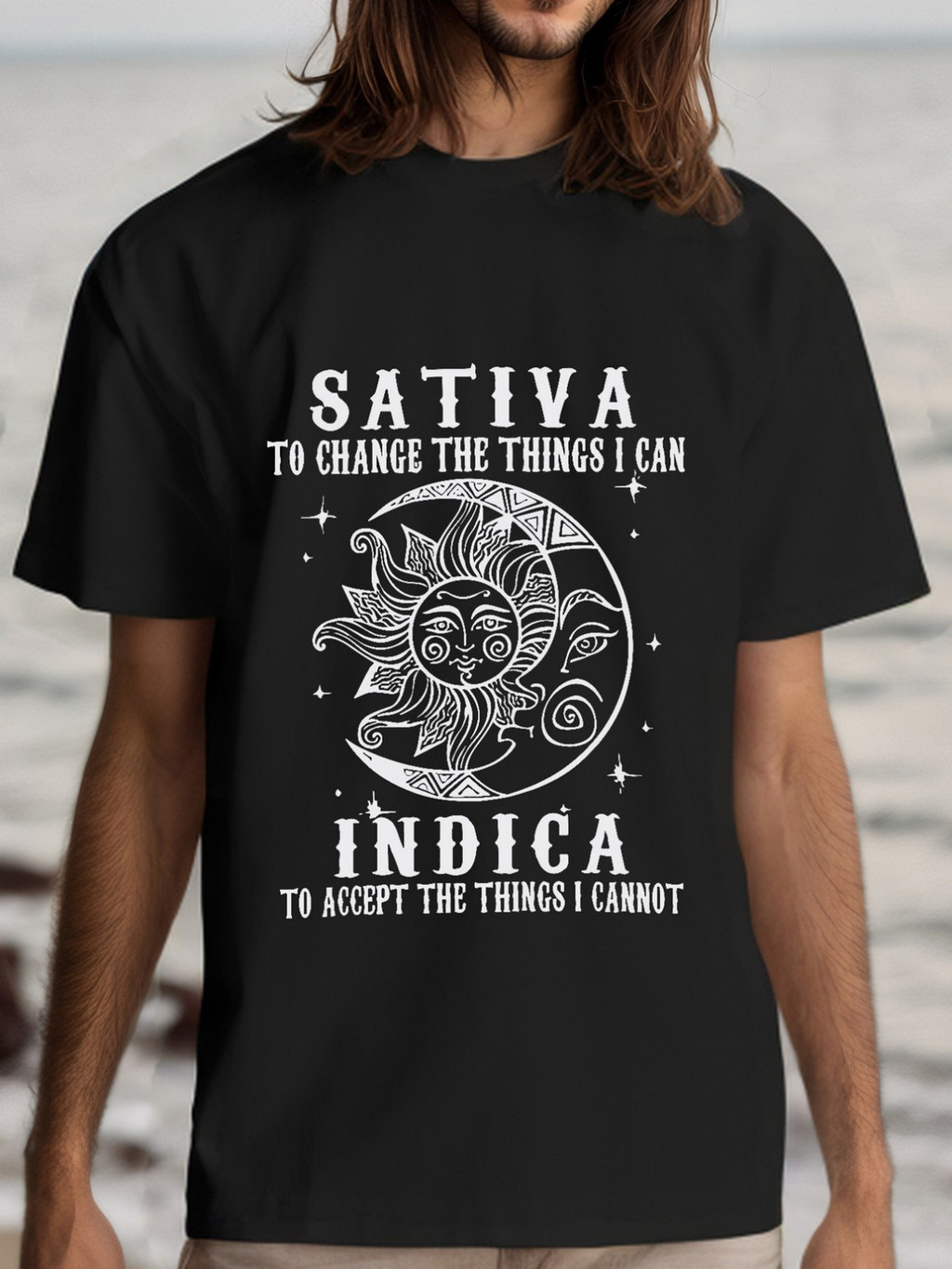 Áo Thun Nam Sativa & Indica Graphic Màu Đen, Phù Hợp Mọi Mùa, Máy Giặt Được