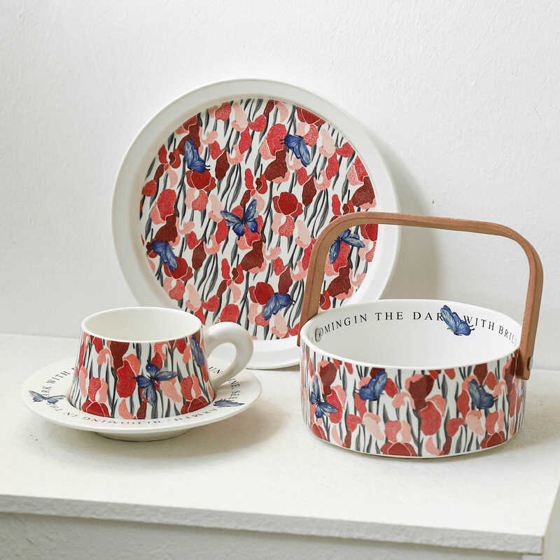 GARDEN Series BUTTERFLY Đỏ Iris Gốm Trái Cây Giỏ Trái Cây Trang Trí Đĩa Cà Phê Đĩa Đĩa Đĩa Phẳng