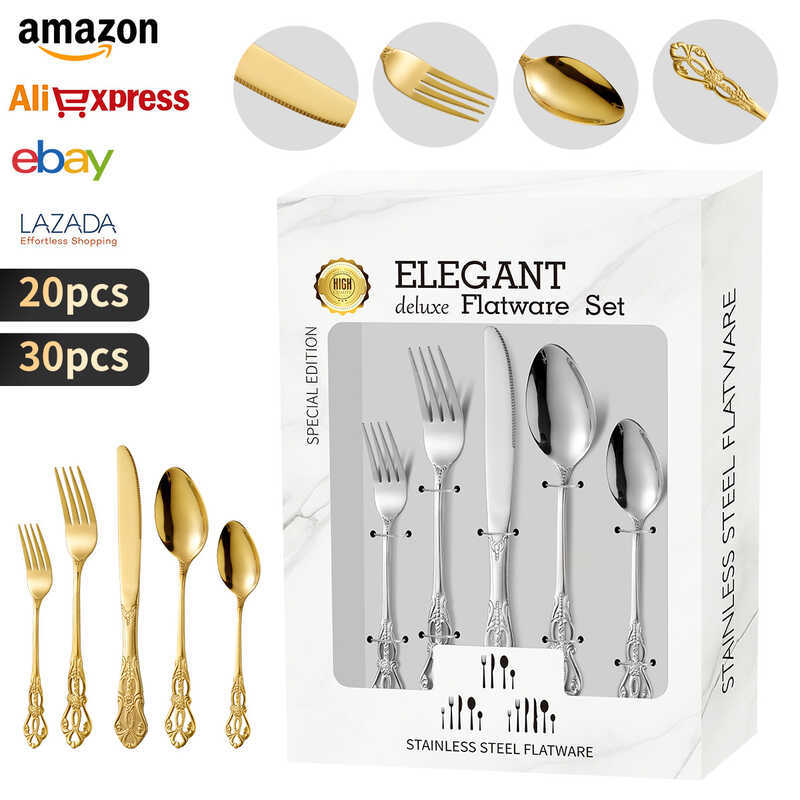 Bộ đồ ăn bằng thép không gỉ Royal Court Knife Fork Spoon Set 20 / 30 Piece Set Steak Knife Fork Muỗn