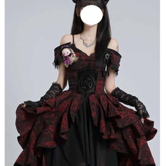 F Gothic lolita Đen Đỏ Jacquard Sóng Đầm lolita Công Nghiệp Nặng Nhẹ Sang Trọng Một Vai Lông Tơ Đầm 