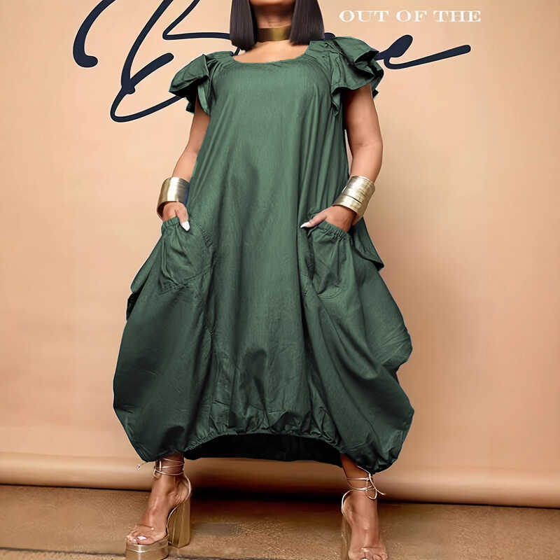 Đầm denim màu đơn sắc có túi, size cực lớn từ 1XL đến 5XL, phong cách châu Âu - Mỹ