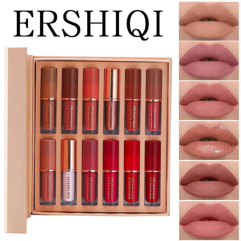 ErshiQi 12 Màu Sách Son Bóng Bộ Matte Pearlescent Non Dính Cup Lip Glaze Son Môi