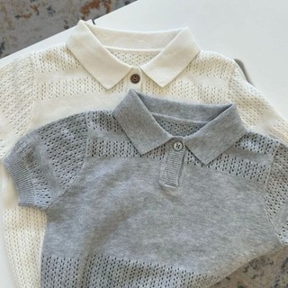 Quần áo trẻ em áo len ngắn tay rỗng áo sơ mi POLO có ve áo mỏng cho bé