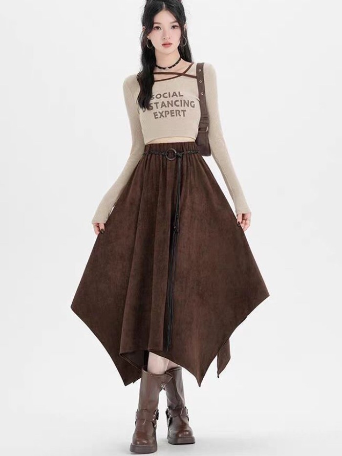 Wasteland Không Đều Da Buckskin Váy Nhung Nữ Xuân Thu Maillard Lưng Thun Chữ A Viền Lớn Váy Midi