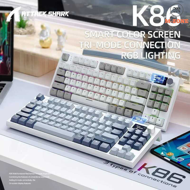 Bàn phím cơ không dây ATTACK SHARK K86 có núm vặn kim loại, màn hình TFT, thay nóng, RGB - Còn hàng