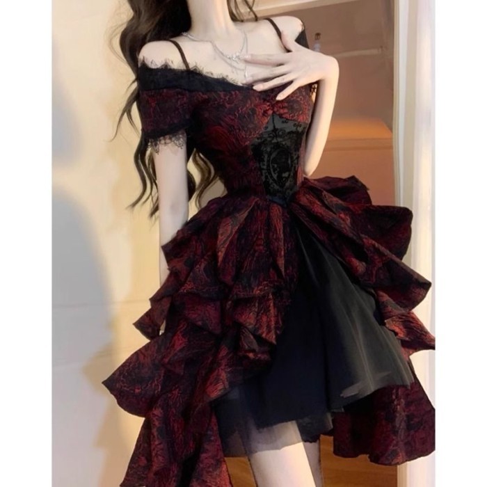 F Pháp lolita Đen Đỏ Jacquard Sóng Đầm lolita Nhẹ Sang Trọng Công Nghiệp Nặng Một Vai Puffy Đầm Công