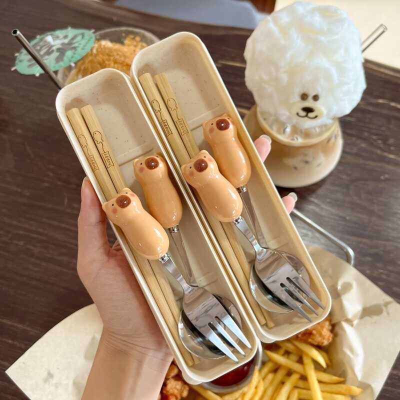 Jiyang Bộ Đồ Ăn ins Thìa Gốm Sáng Tạo Thép Không Gỉ Bộ Đồ Ăn Thìa Nĩa Sinh Viên Trẻ Em Tiện Lợi Đi C