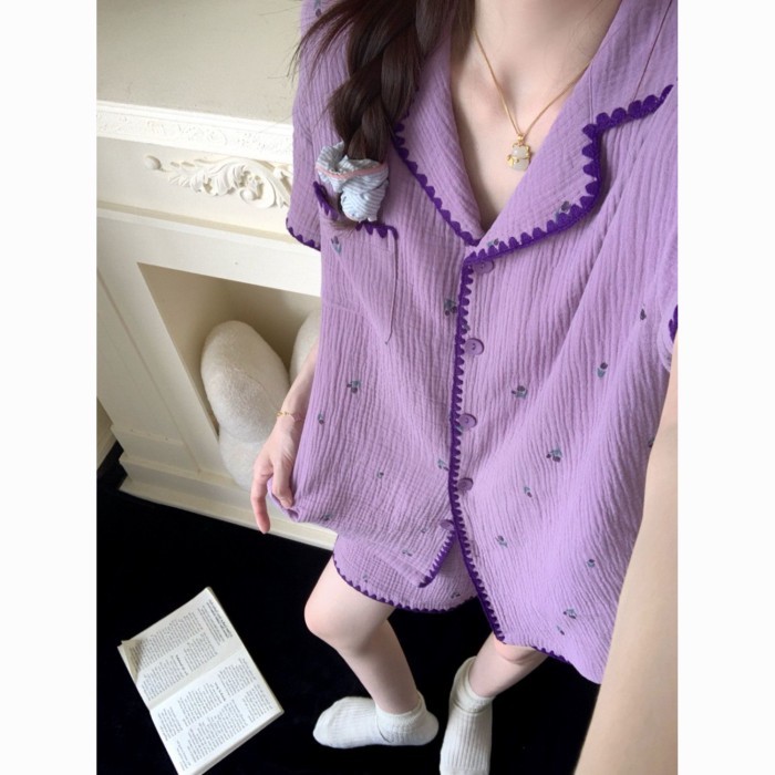 Korean Version Of The New Purple Cloud Cotton Short-sleeved Loose White Pajamas Women's Home