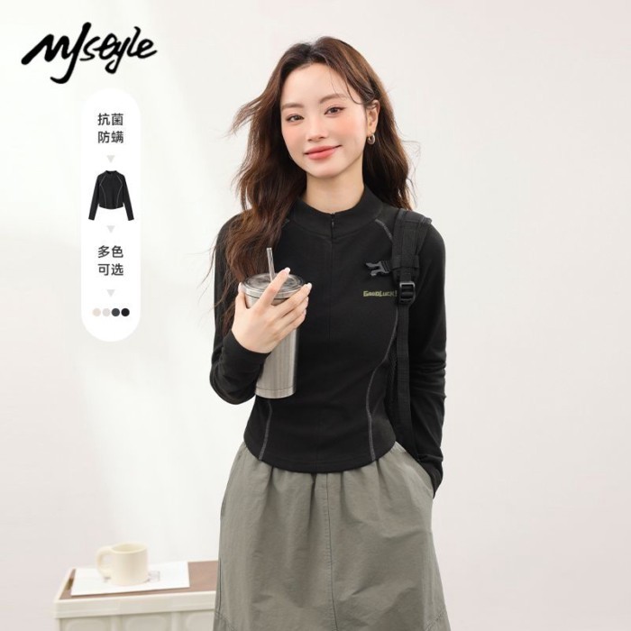 MJSTYLE Áo Len Cổ Tròn Thu Đông Nhung Mới Dày Dài Tay Đáy Áo Sơ Mi Nữ Slim Coat