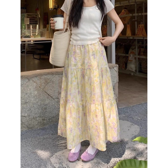 Korean Style New Korean Style High-waisted Slim And Fashionable Versatile Floral A-line Skirt