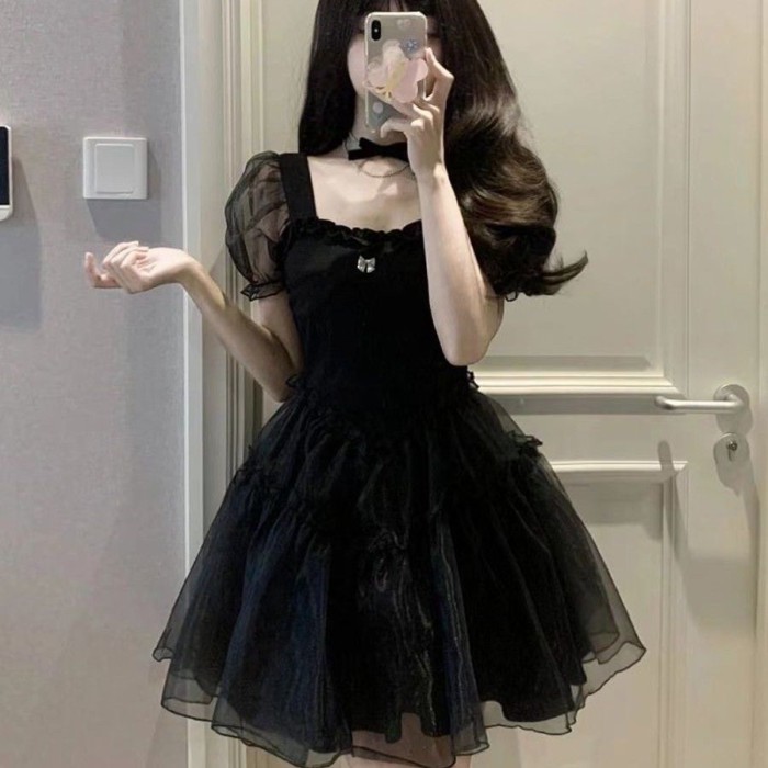 Exquisite French Hepburn Style Puff Sleeve Dress Sweet Style Fugitive Princess Retro Vintage