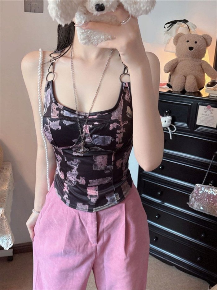 Hot Girl Printed Camisole With Breast Pad And Metal Buckle For Summer Outer Wear And Inner We