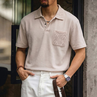 Wuluwear Phong cách Mỹ Vintage Bearded Cotton Polo Áo mùa hè mới lỏng lẻo thiết kế cảm giác rỗng nối cân nặng giản dị ngắn tay áo