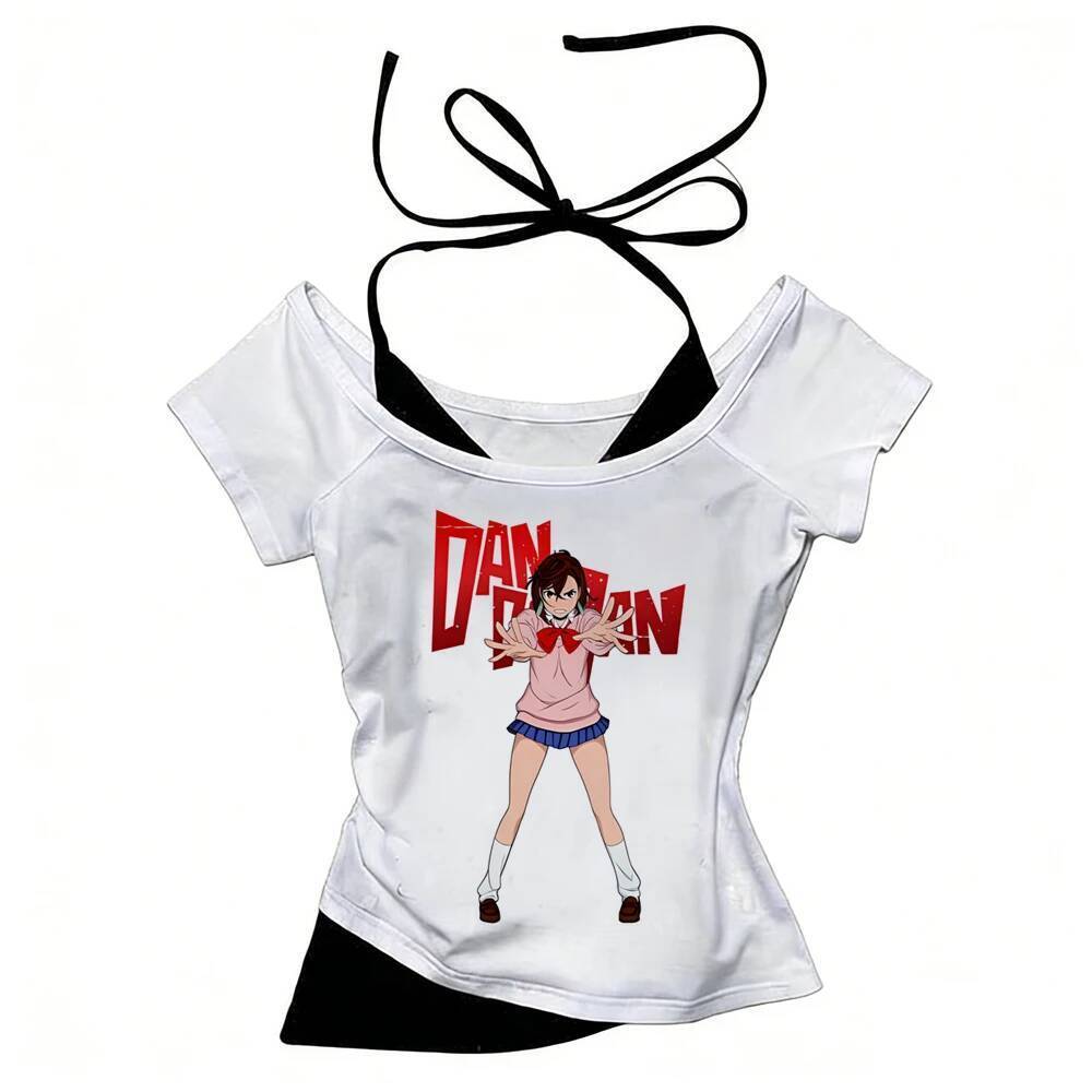 Dandadan crop top tuổi teen cảnh gyaru manga Nhật Bản cổ điển áo thun baddie harajuku jojifuku