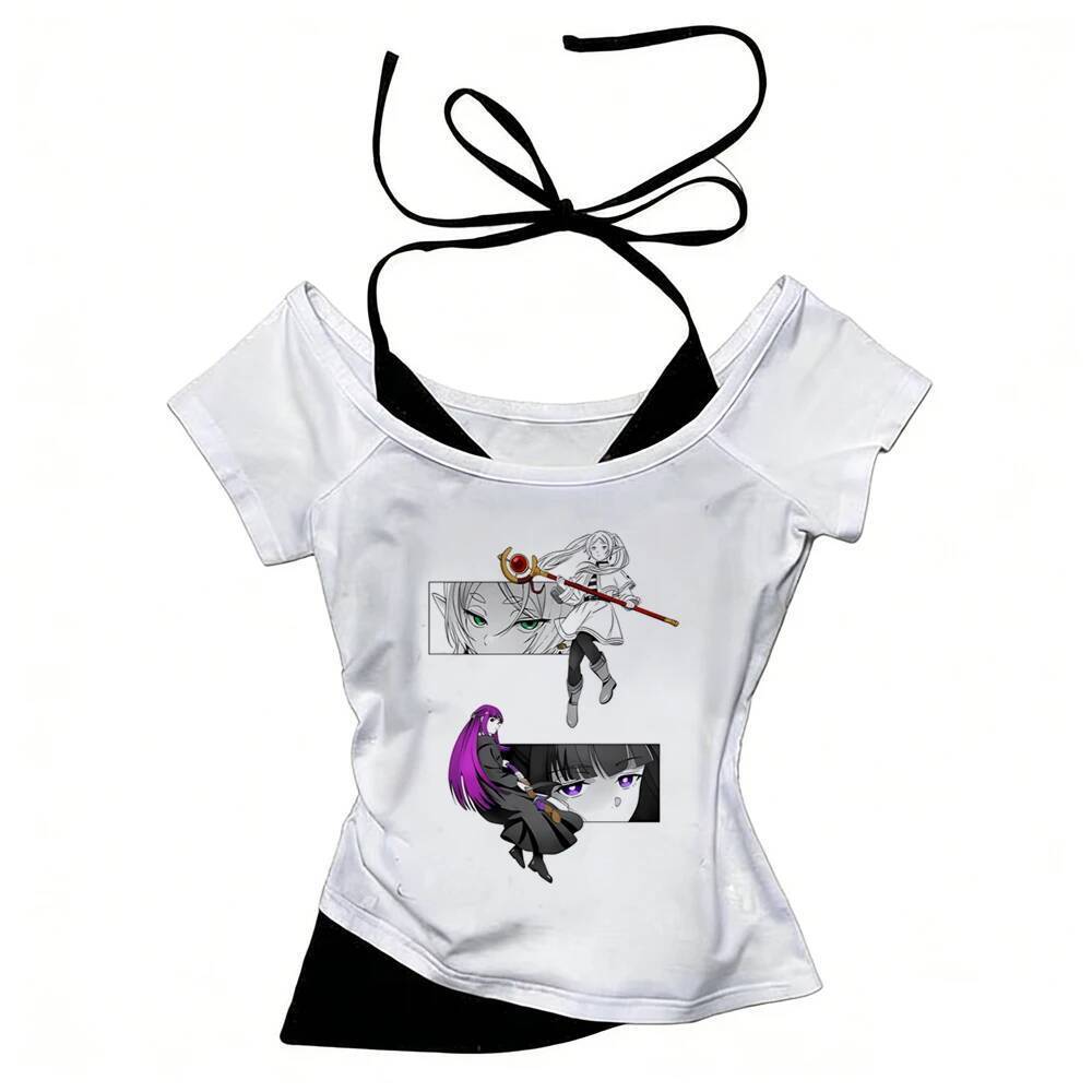 Frieren crop top nữ cổ điển nhật bản anime harajuku y2k top tees y2k thời trang hàn quốc tiệc mùa hè