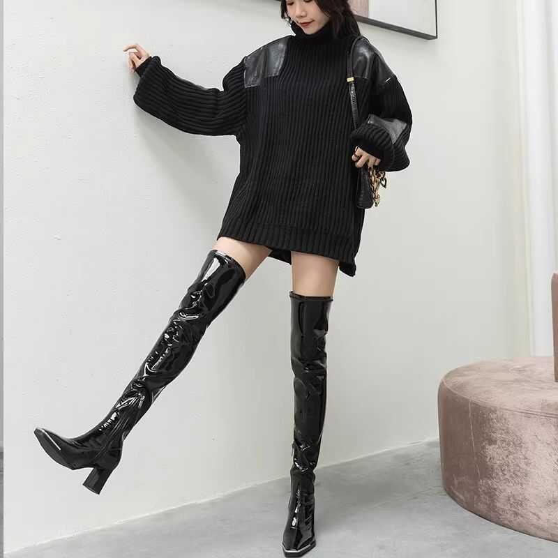 Giày phong cách Kendall Jenner mùa Thu/Đông, cao mũi vuông bóng, gót thô, dài trên đầu gối, giúp tho