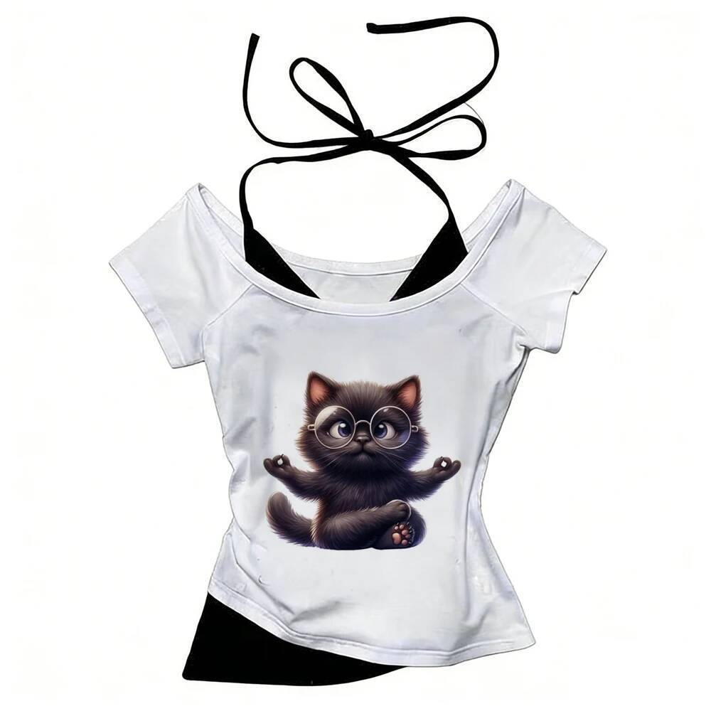Hoạt Hình Mèo Crop top shoujo Đồ Họa gothic Dạo Phố jojifuku Harajuku Áo Sơ Mi manga kawaii gyaru Ha
