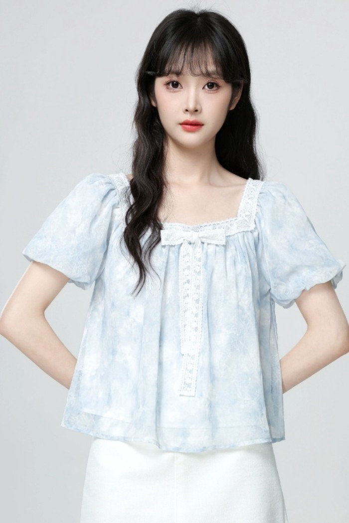 Áo Sơ Mi Tay Ngắn Nơ Kiểu Pháp Cho Nữ Mùa Hè Cổ Vuông Tay Phồng Áo Sơ Mi Babydoll Áo Ngắn